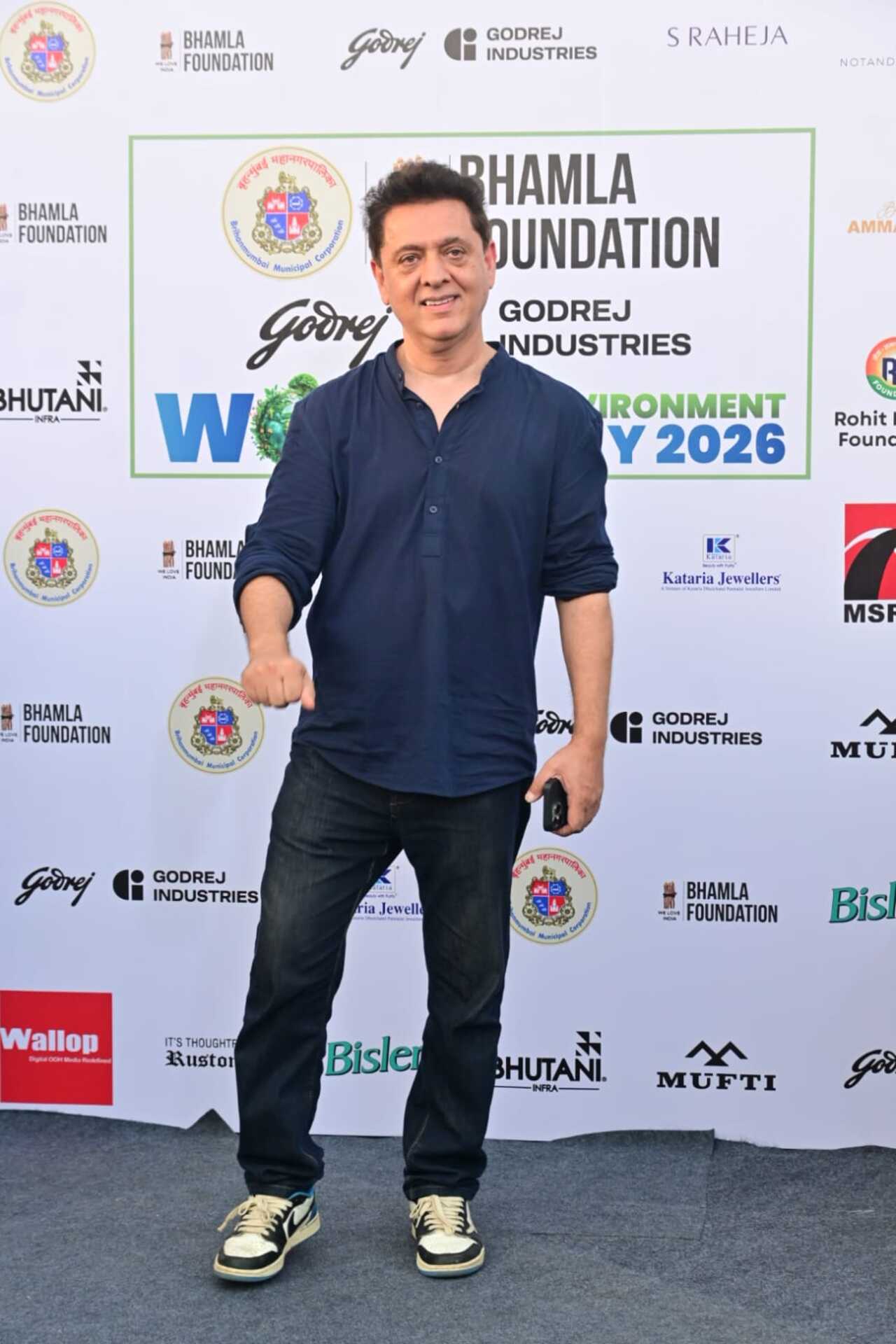 Producer Sajid Nadiadwala was seen attending an event in a casual navy blue shirt and black pants.